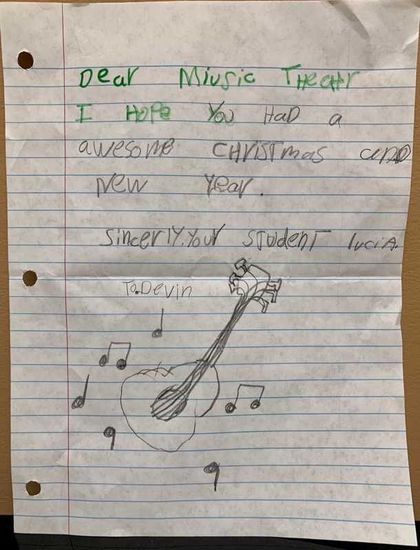 thank you card from young student to their guitar teacher Devin