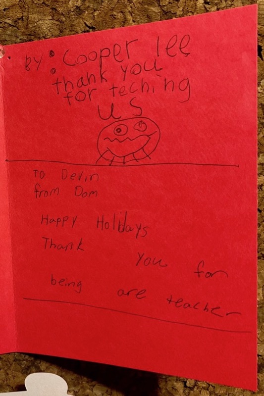 thank you card from young student to their guitar teacher Devin