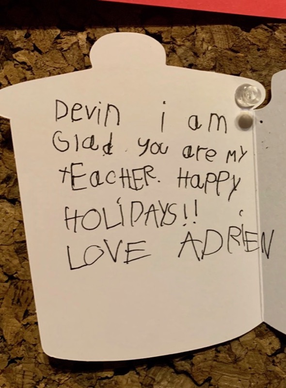 thank you card from young student to their guitar teacher Devin